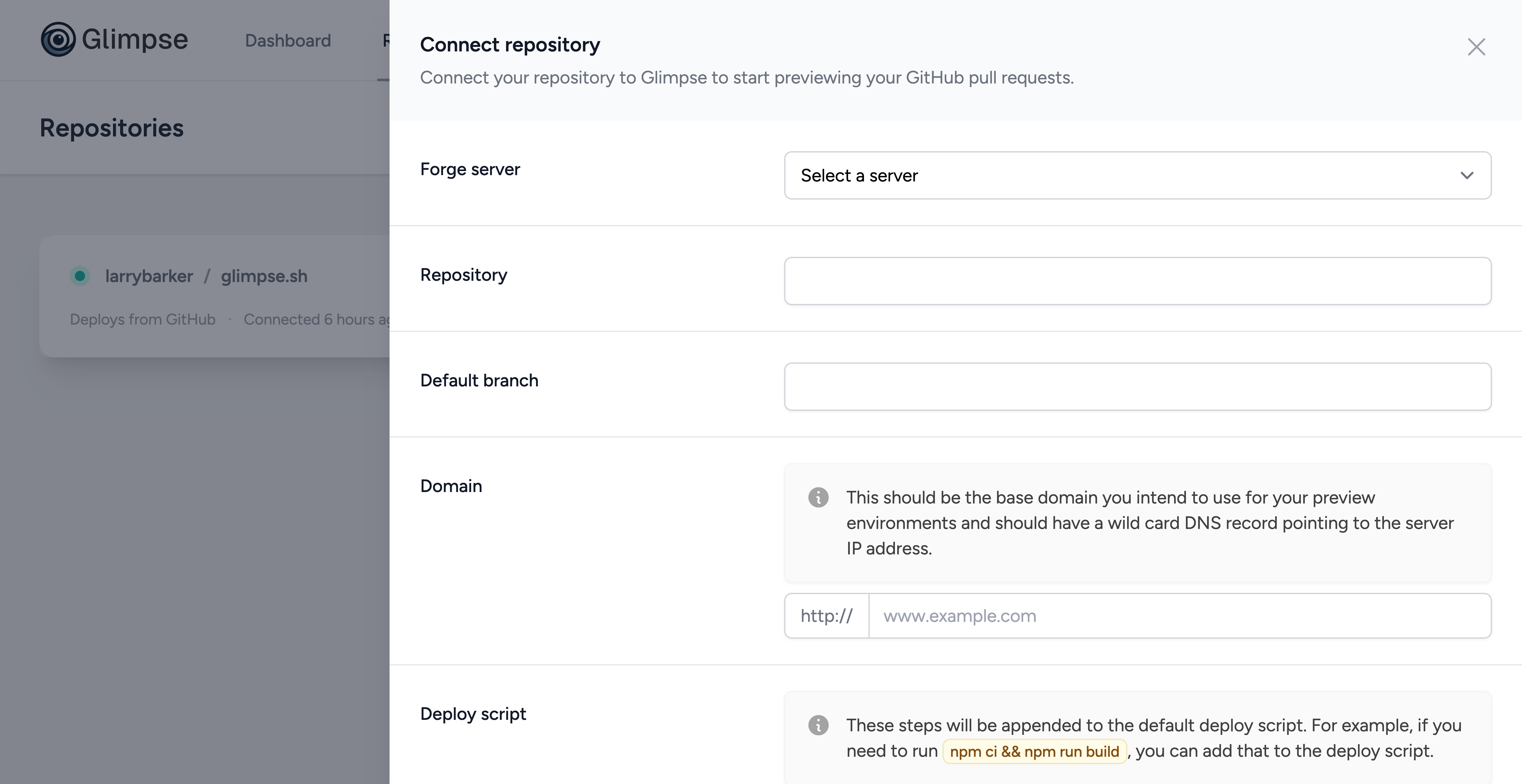 Connect your GitHub repository to Glimpse